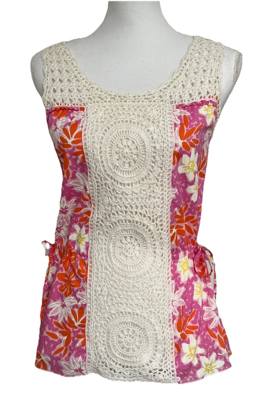 Lilly Pulitzer Sleeveless Boho Top Sz 4 Floral Crochet Lined Ties Cottagecore